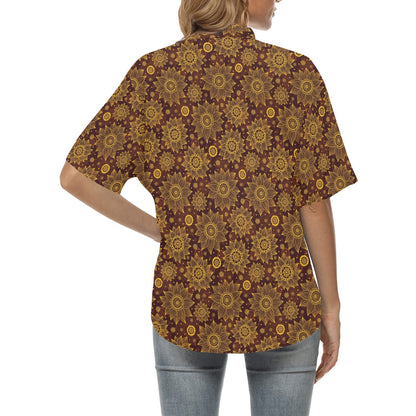 Gold Sunflower Hand Drawn Print Women's Hawaiian Shirt