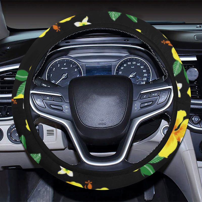 Yellow Hibiscus Pattern Print Design HB08 Steering Wheel Cover with Elastic Edge