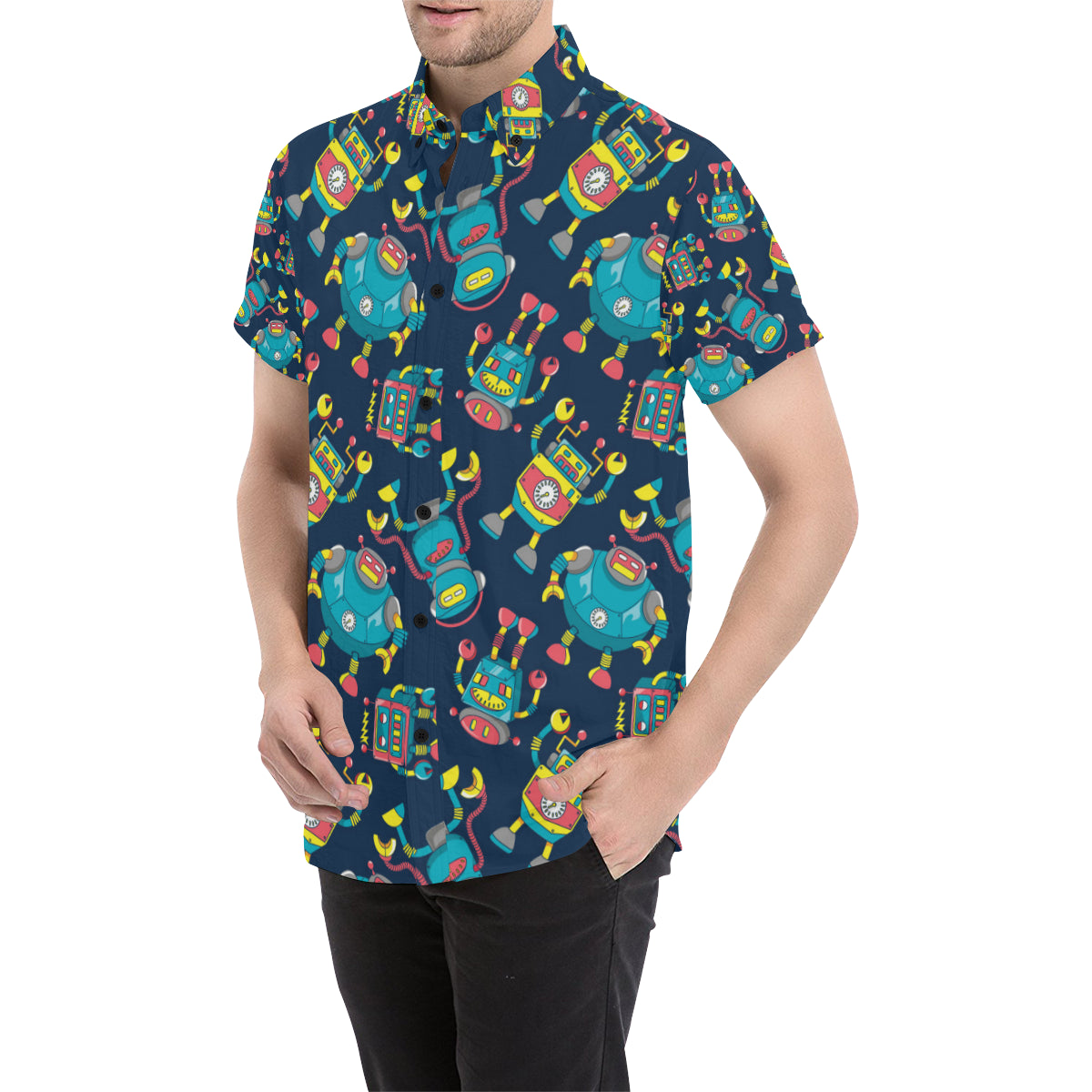 Robot Pattern Print Design A05 Men's Short Sleeve Button Up Shirt