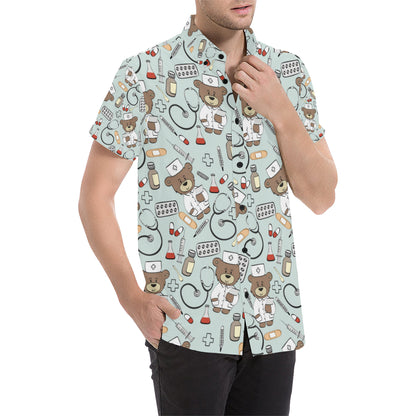 Nurse Bear Pattern Print Design A01 Men's Short Sleeve Button Up Shirt