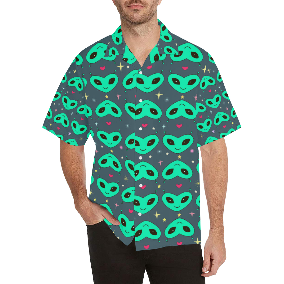 Alien Head Heart Pattern Print Design 03 Men's Hawaiian Shirt