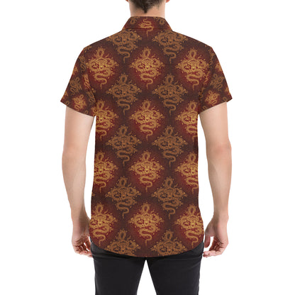 Chinese Dragons Gold Design Men's Short Sleeve Button Up Shirt