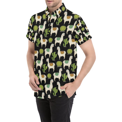 Alpaca Cactus Pattern Print Design 07 Men's Short Sleeve Button Up Shirt