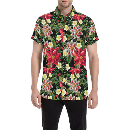 Poinsettia Pattern Print Design POT05 Men's Short Sleeve Button Up Shirt