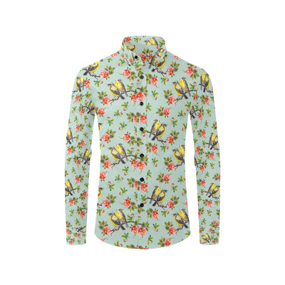 Bird with Red Flower Print Pattern Men's Long Sleeve Shirt