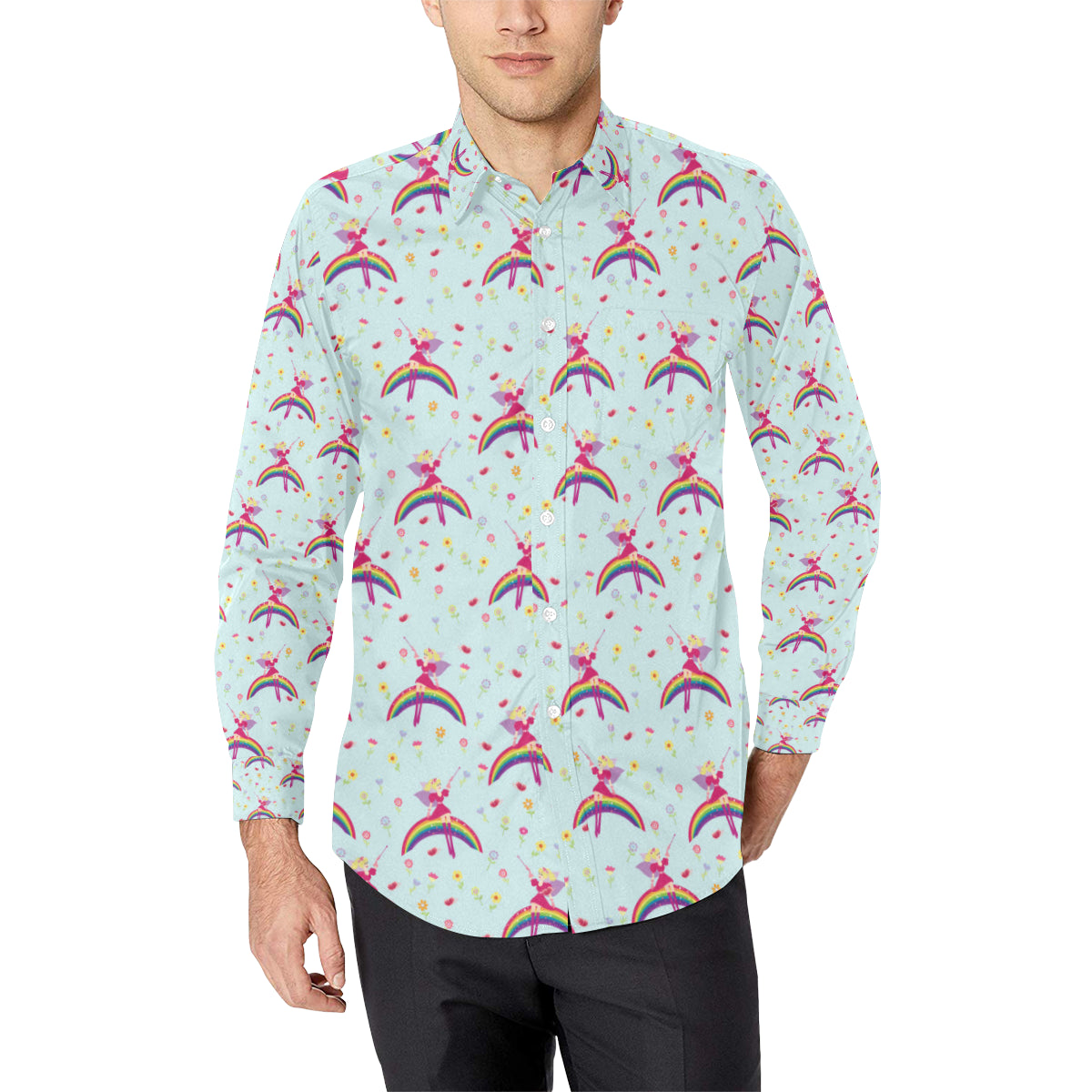 Fairy with Rainbow Print Pattern Men's Long Sleeve Shirt