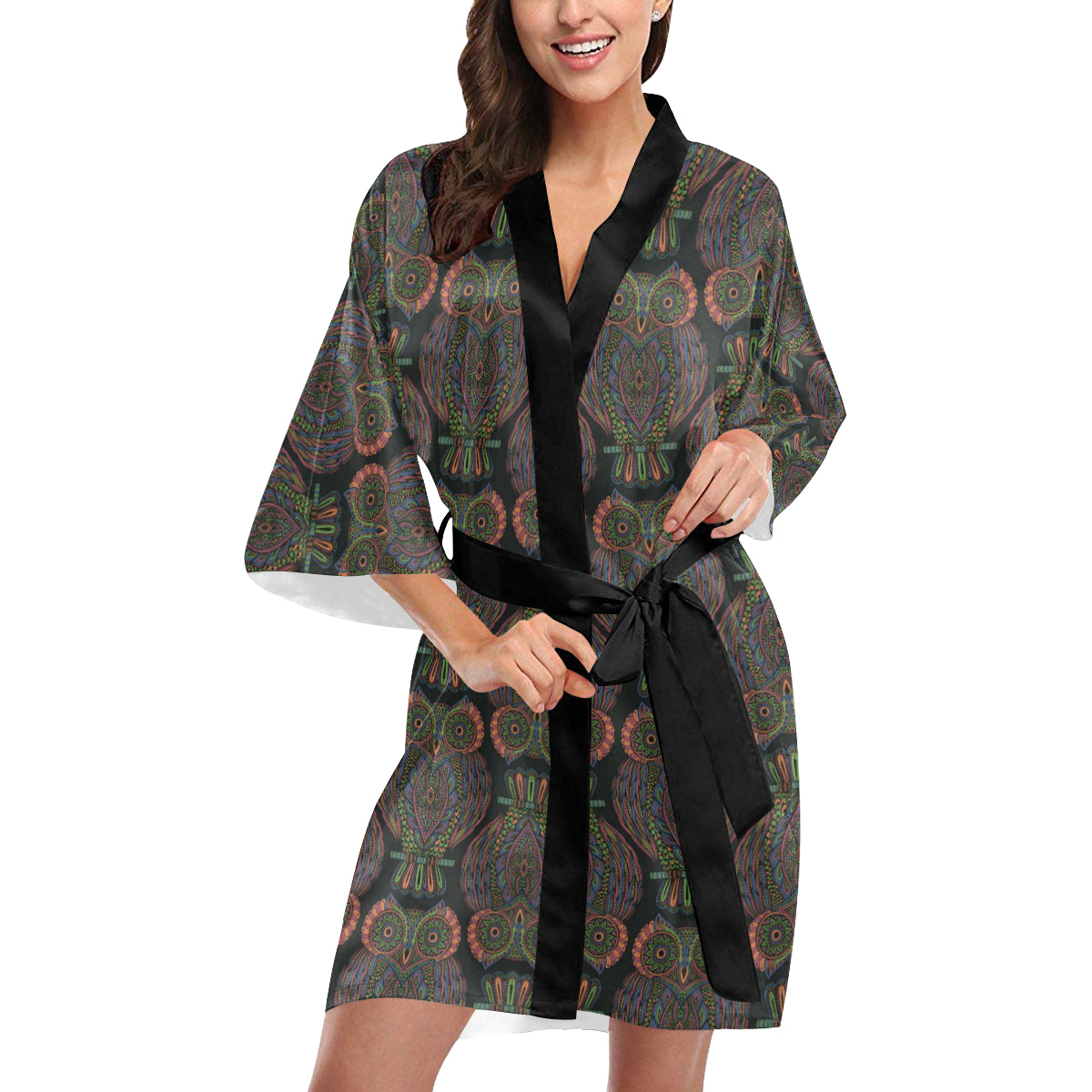 Owl Pattern Print Design A05 Women's Short Kimono