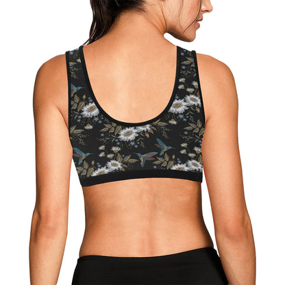 Hummingbird with Embroidery Themed Print Sports Bra