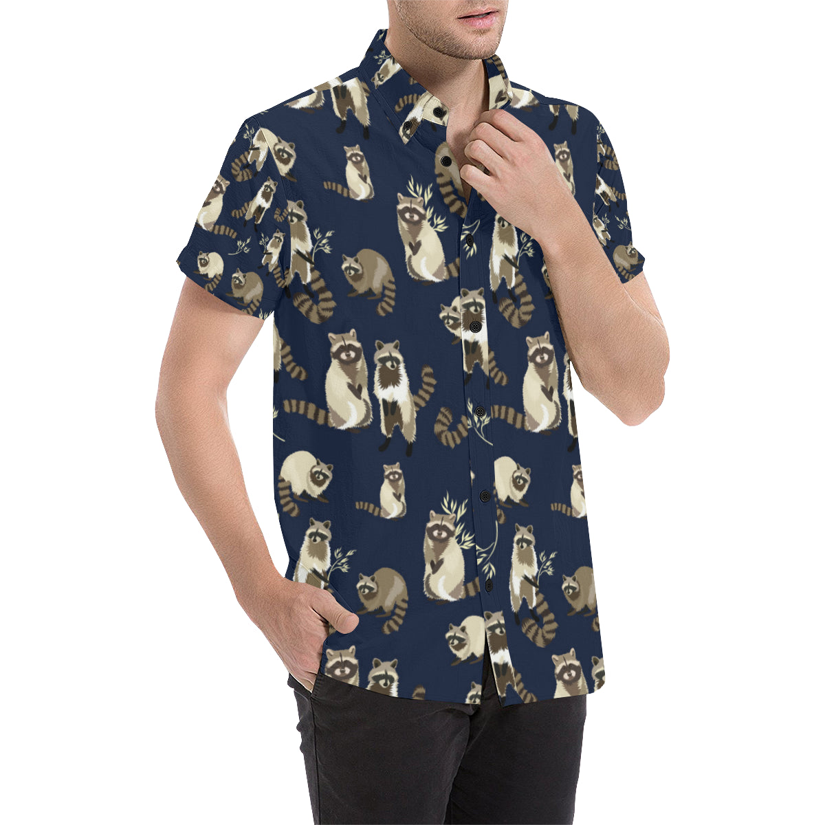 Raccoon Pattern Print Design A06 Men's Short Sleeve Button Up Shirt