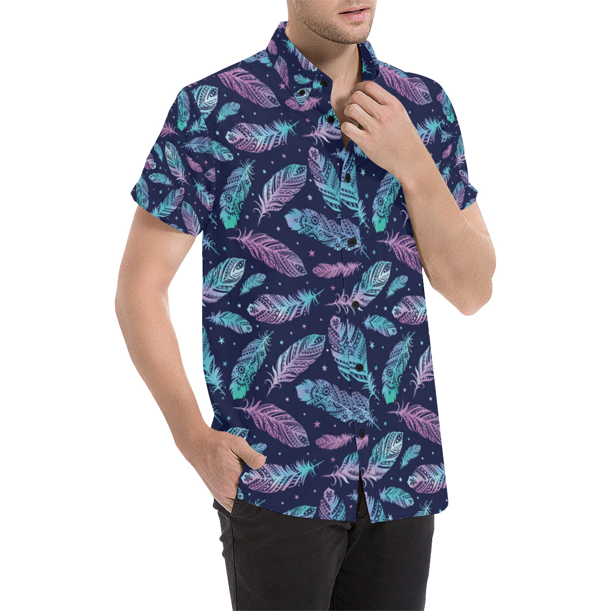 Feather Aztec Design Print Men's Short Sleeve Button Up Shirt