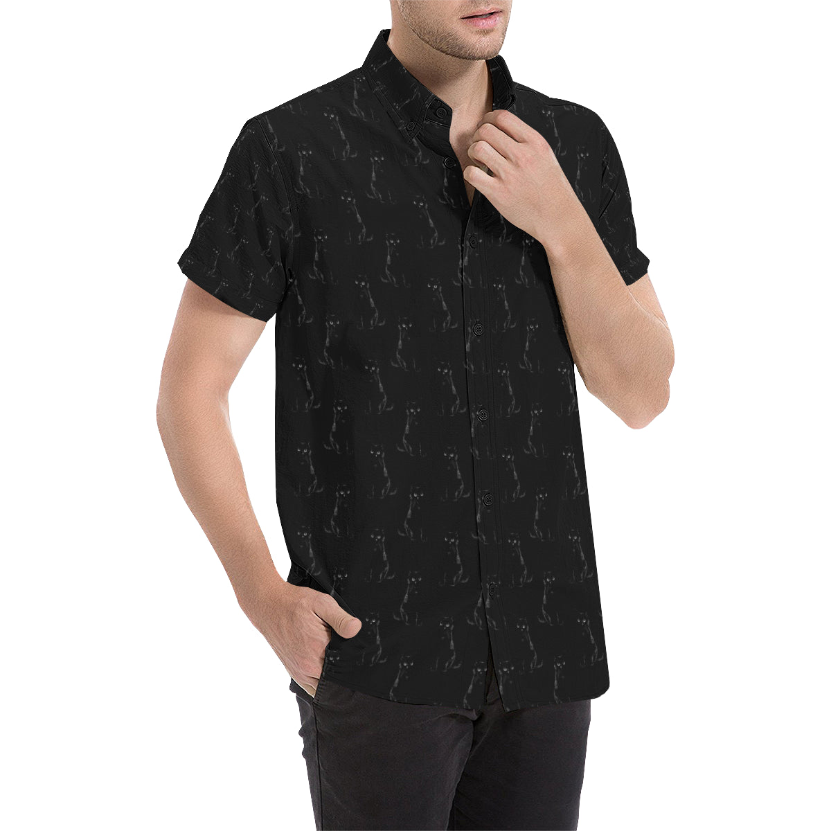 Black Cat Pattern Print Design 03 Men's Short Sleeve Button Up Shirt