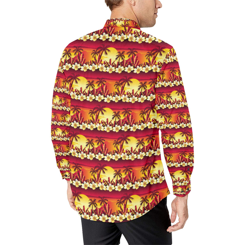 Hawaiian Tropical Sunset Hibiscus Print Men's Long Sleeve Shirt