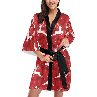 Reindeer Red Pattern Print Design 01 Women's Short Kimono