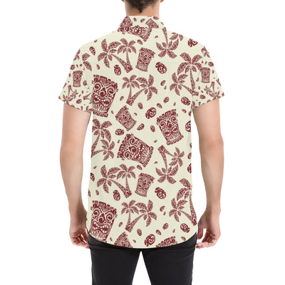 Tiki Tribal Mask Palm Tree Men's Short Sleeve Button Up Shirt