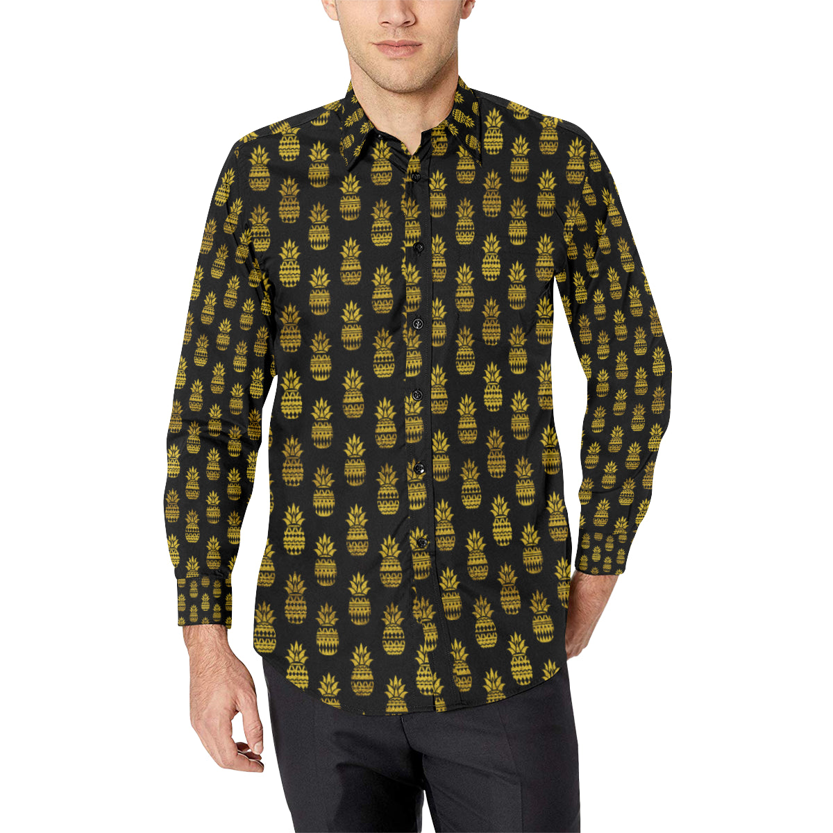 Pineapple Gold Tribal Style Print Men's Long Sleeve Shirt