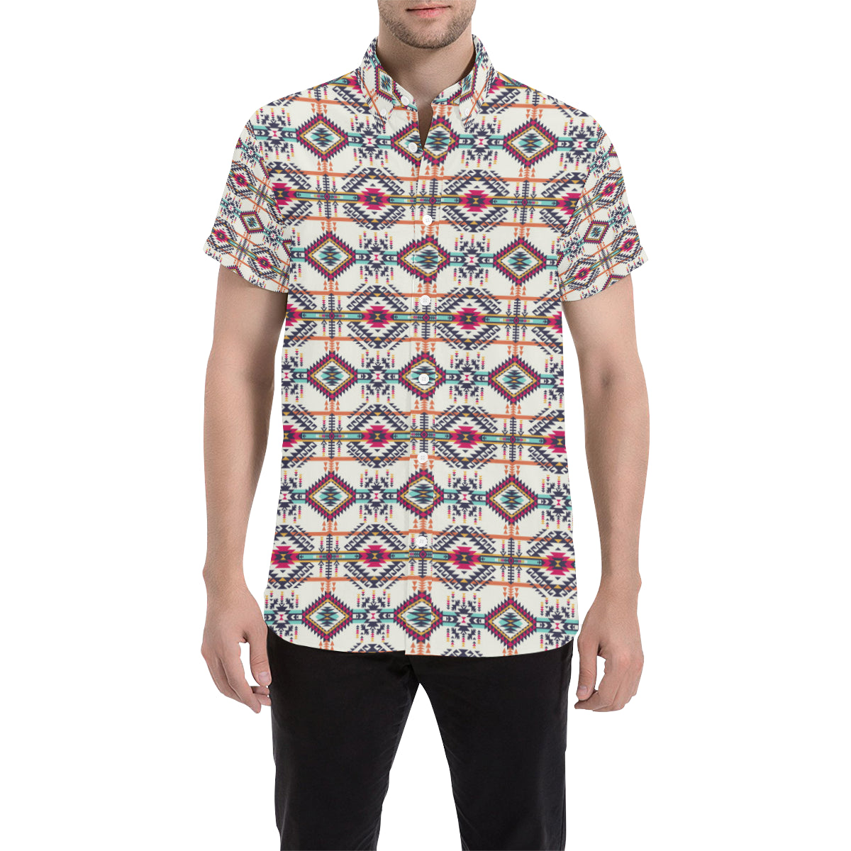 Indian Navajo Art Themed Design Print Men's Short Sleeve Button Up Shirt
