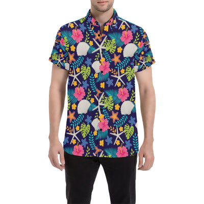 Beach Seashell Floral Theme Men's Short Sleeve Button Up Shirt