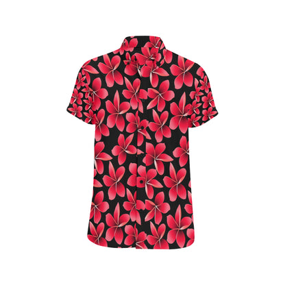 Red Plumeria Pattern Print Design PM025 Men's Short Sleeve Button Up Shirt
