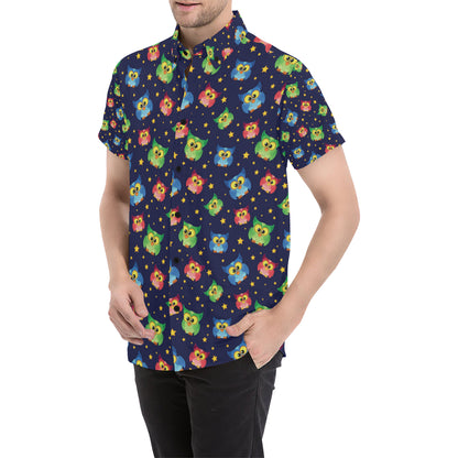 Owl with Star Themed Design Print Men's Short Sleeve Button Up Shirt