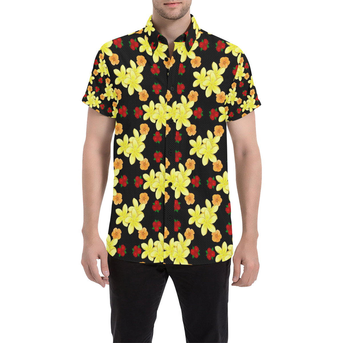 Yellow Plumeria Pattern Print Design PM04 Men's Short Sleeve Button Up Shirt