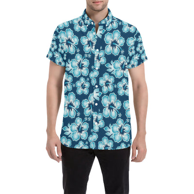 Blue Hibiscus Pattern Print Design HB011 Men's Short Sleeve Button Up Shirt