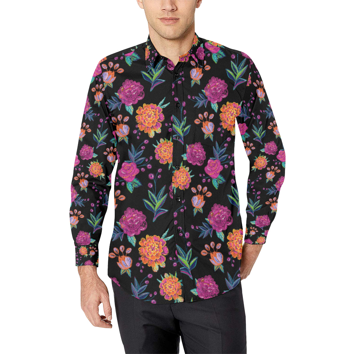 Marigold Pattern Print Design MR02 Men's Long Sleeve Shirt