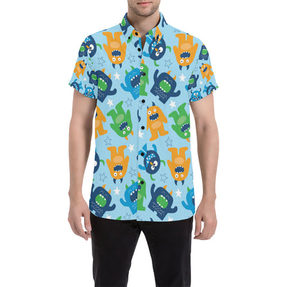 Monster Cartoon Pattern Print Design 04 Men's Short Sleeve Button Up Shirt