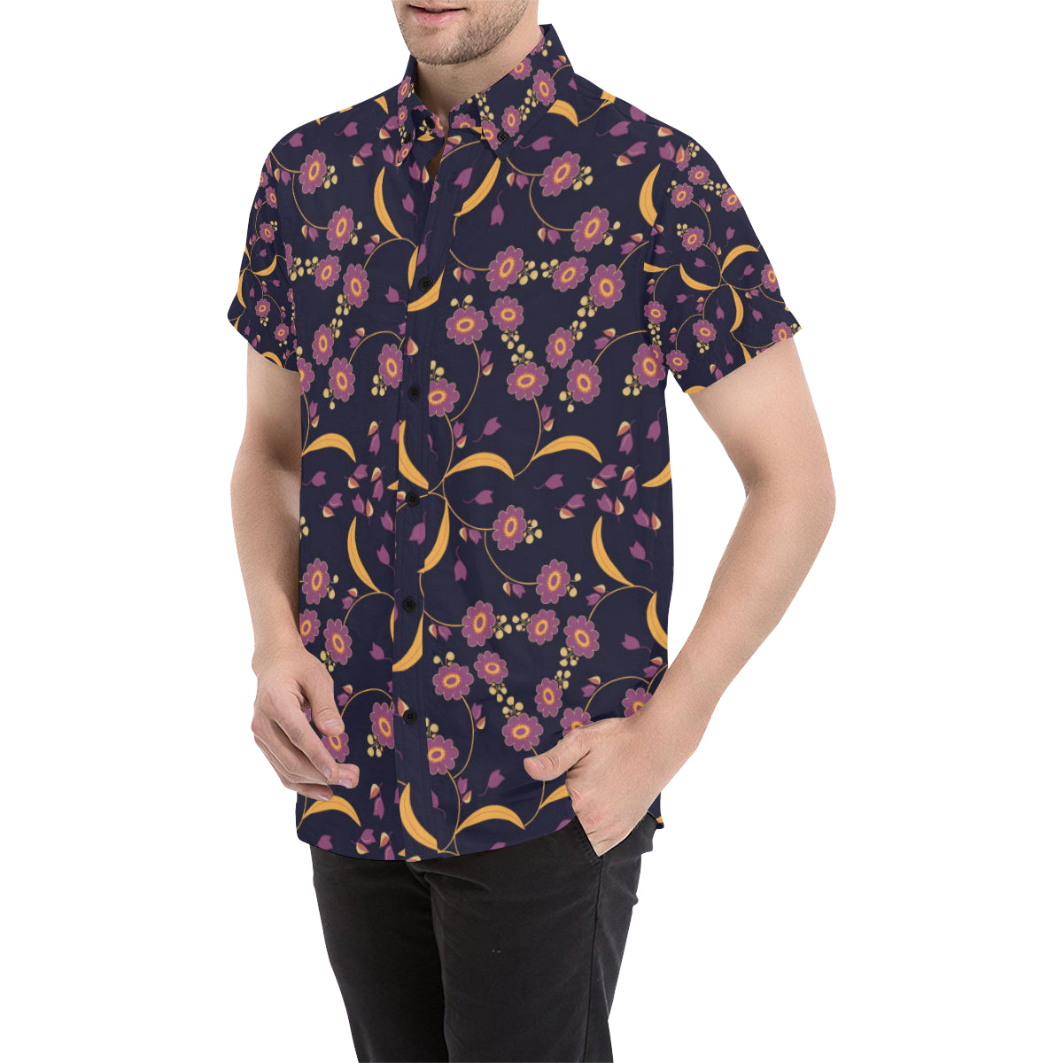 Anemone Pattern Print Design AM012 Men's Short Sleeve Button Up Shirt