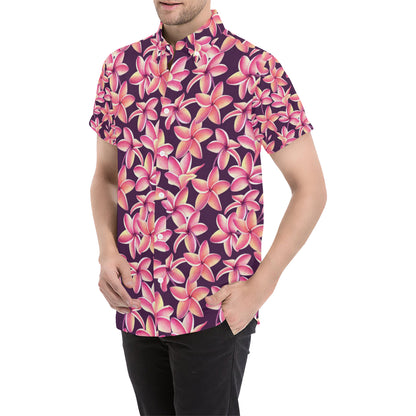 Purple Plumeria Pattern Print Design PM010 Men's Short Sleeve Button Up Shirt
