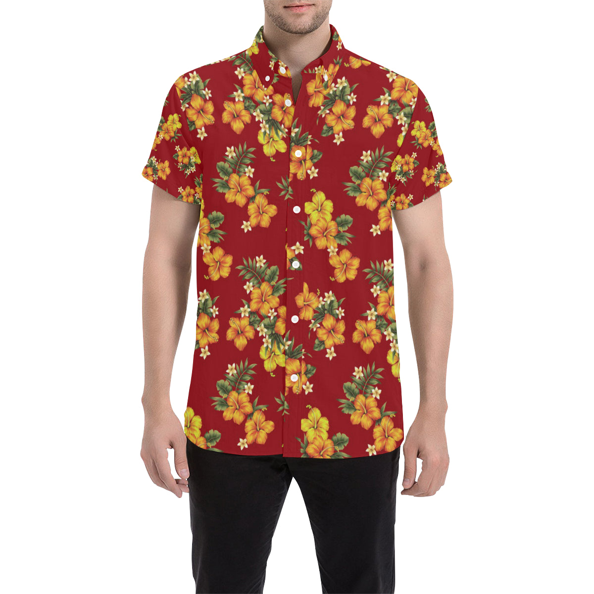 Orange Hibiscus Pattern Print Design HB026 Men's Short Sleeve Button Up Shirt