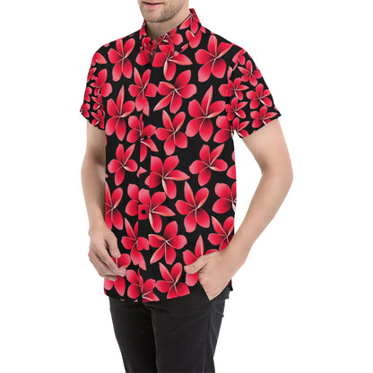Red Plumeria Pattern Print Design PM025 Men's Short Sleeve Button Up Shirt