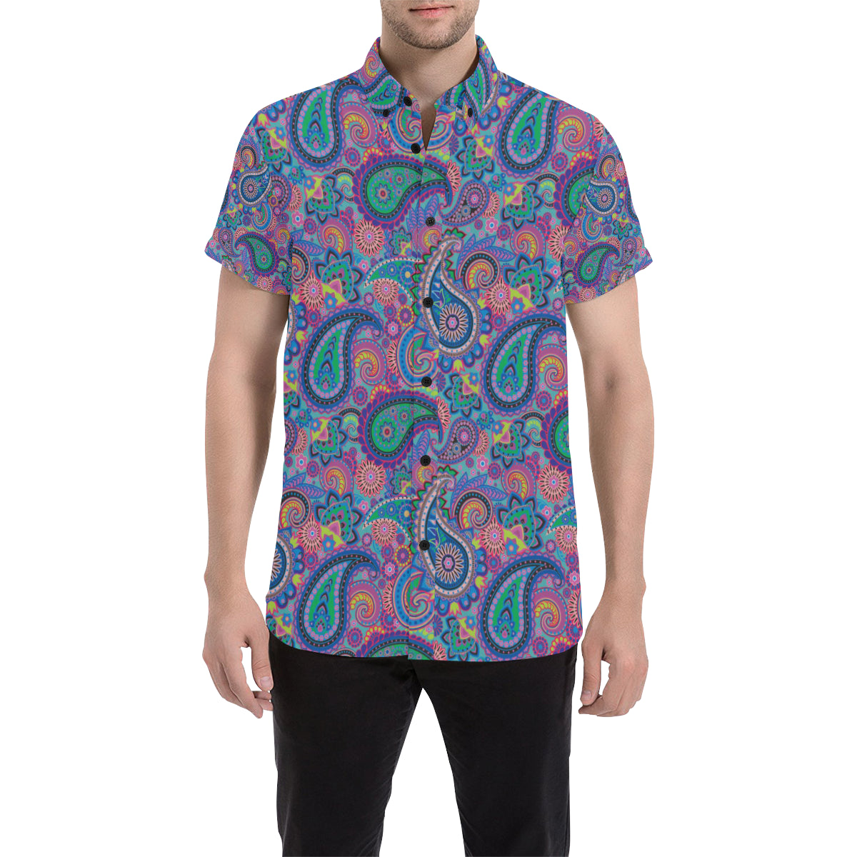 Paisley Colorful Pattern Print Design A02 Men's Short Sleeve Button Up Shirt