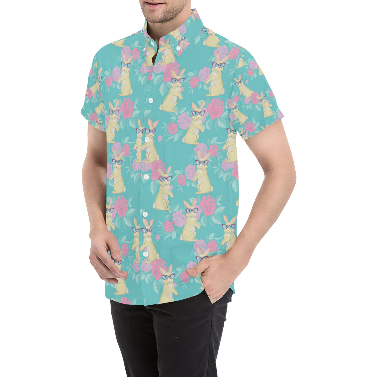 Rabbit Pattern Print Design RB05 Men's Short Sleeve Button Up Shirt