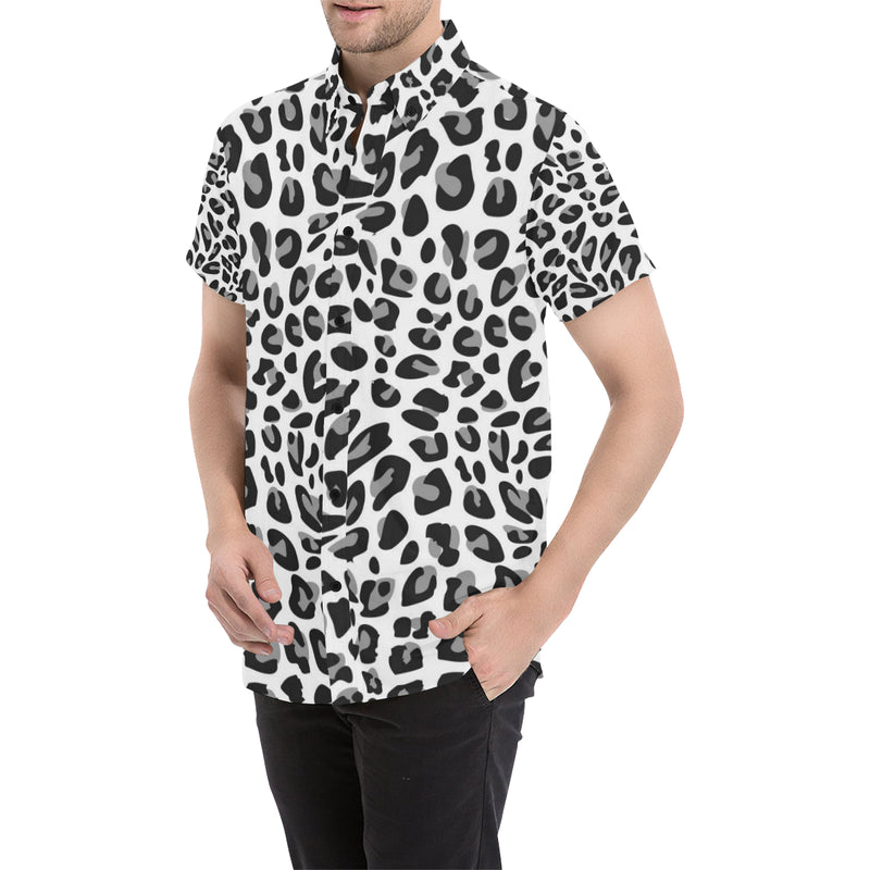 Snow Leopard Skin Print Men's Short Sleeve Button Up Shirt