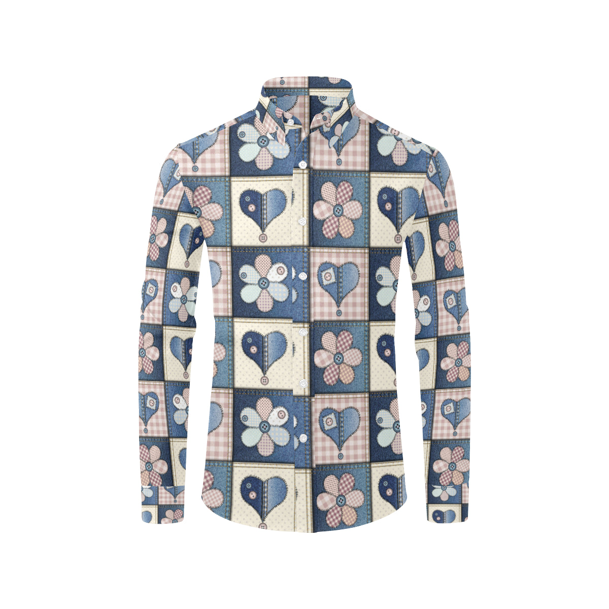 Patchwork Heart Flower Pattern Print Design 01 Men's Long Sleeve Shirt