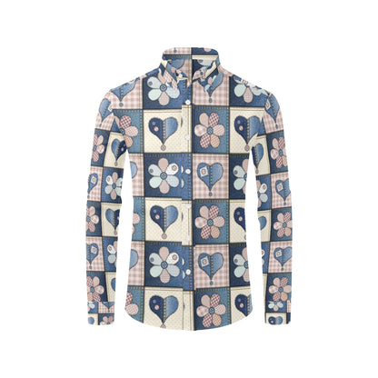 Patchwork Heart Flower Pattern Print Design 01 Men's Long Sleeve Shirt