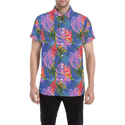 Tropical Flower Pattern Print Design TF025 Men's Short Sleeve Button Up Shirt