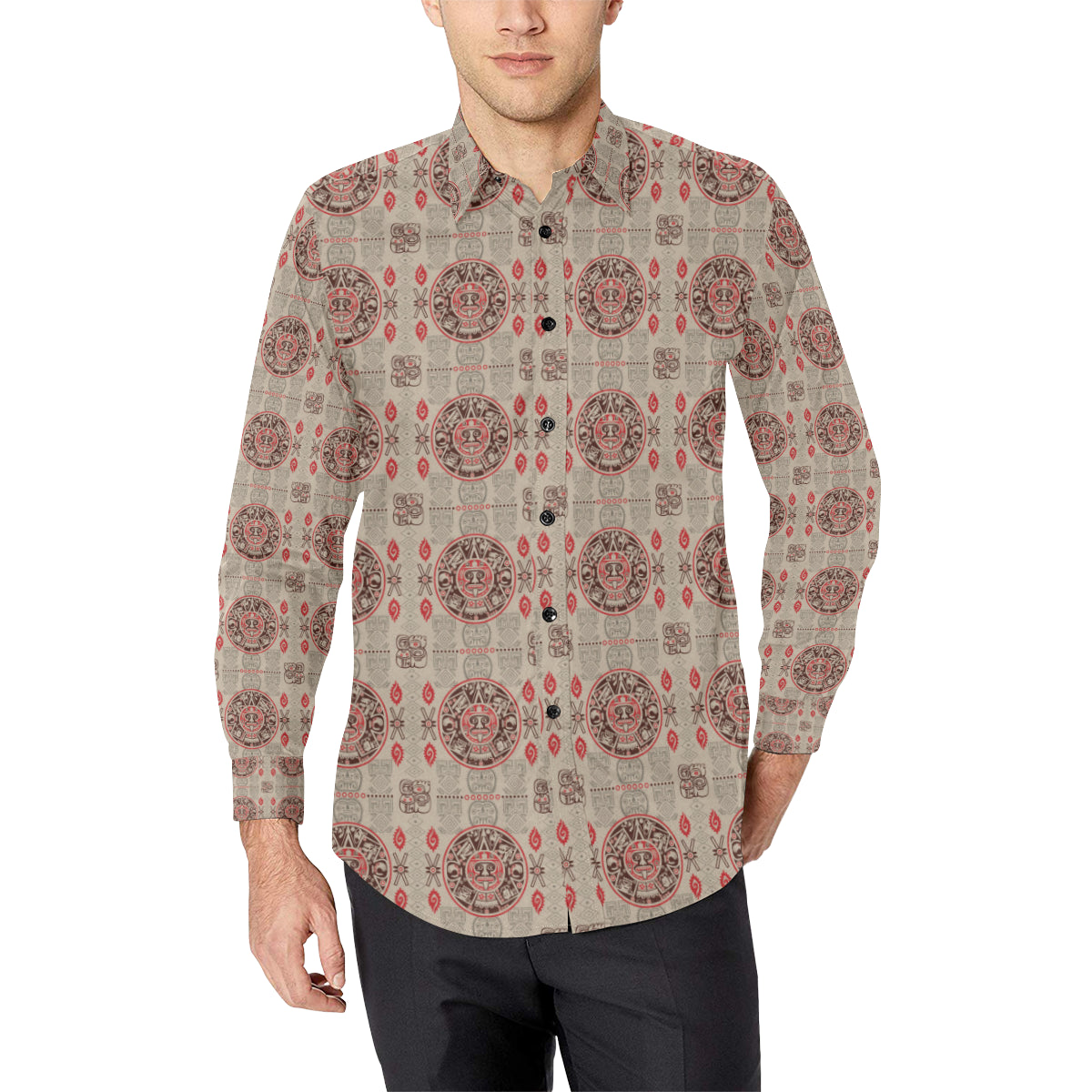 Calendar Aztec Print Pattern Men's Long Sleeve Shirt