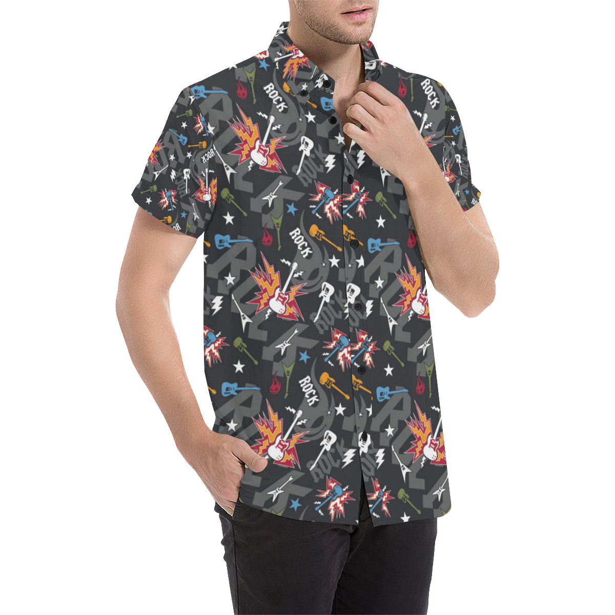 Rock and Roll Pattern Print Design A01 Men's Short Sleeve Button Up Shirt