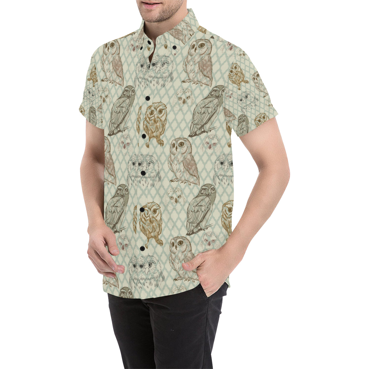 Owl Pattern Print Design A03 Men's Short Sleeve Button Up Shirt