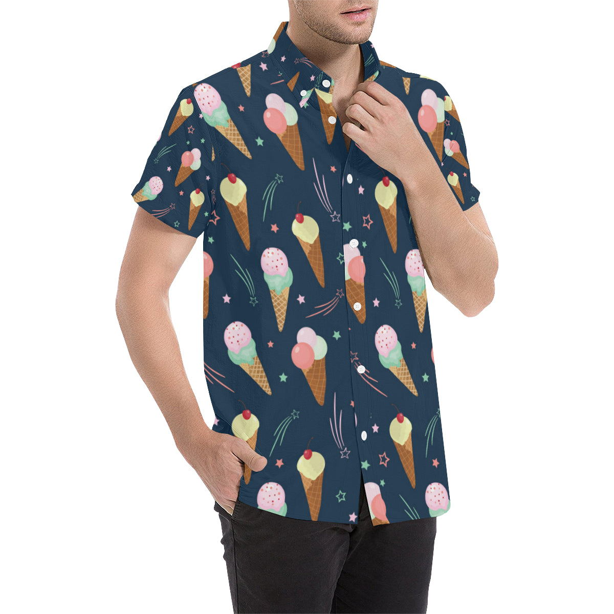 Ice Cream Pattern Print Design 04 Men's Short Sleeve Button Up Shirt