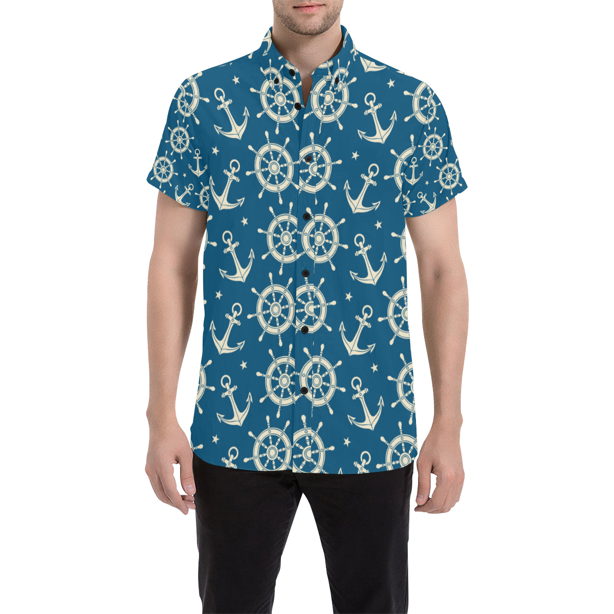 Anchor Pattern Print Design 01 Men's Short Sleeve Button Up Shirt