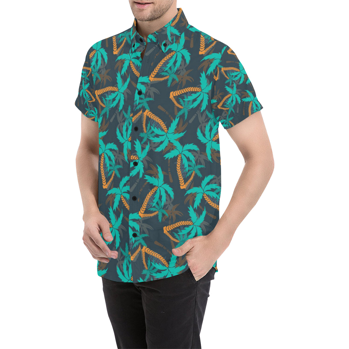 Palm Tree Pattern Print Design PT01 Men's Short Sleeve Button Up Shirt