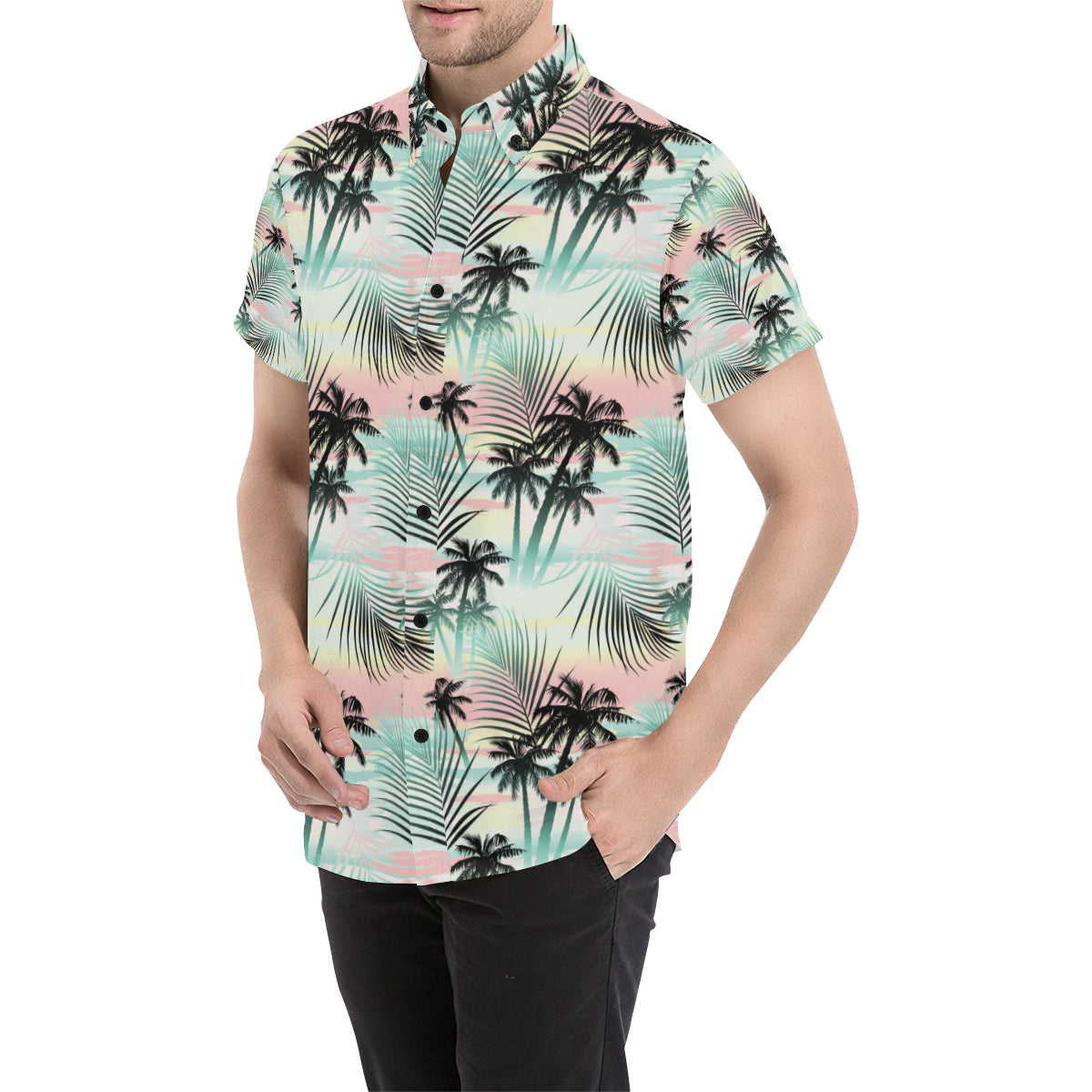 Palm Tree Pattern Print Design A03 Men's Short Sleeve Button Up Shirt