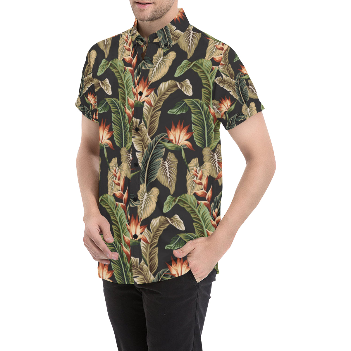 Tropical Flower Pattern Print Design TF014 Men's Short Sleeve Button Up Shirt