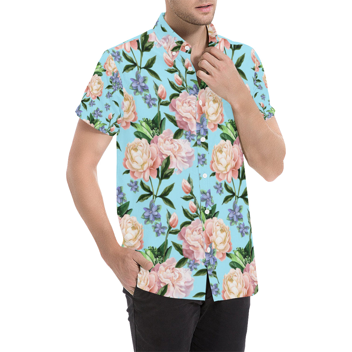 Peony Pattern Print Design PE02 Men's Short Sleeve Button Up Shirt