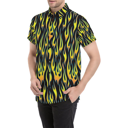 Flame Fire Yellow Pattern Men's Short Sleeve Button Up Shirt