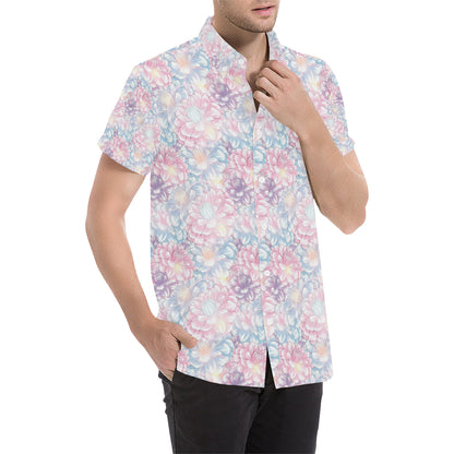 Dahlia Pattern Print Design 01 Men's Short Sleeve Button Up Shirt