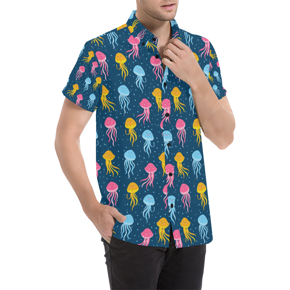 Jellyfish Pattern Print Design 04 Men's Short Sleeve Button Up Shirt
