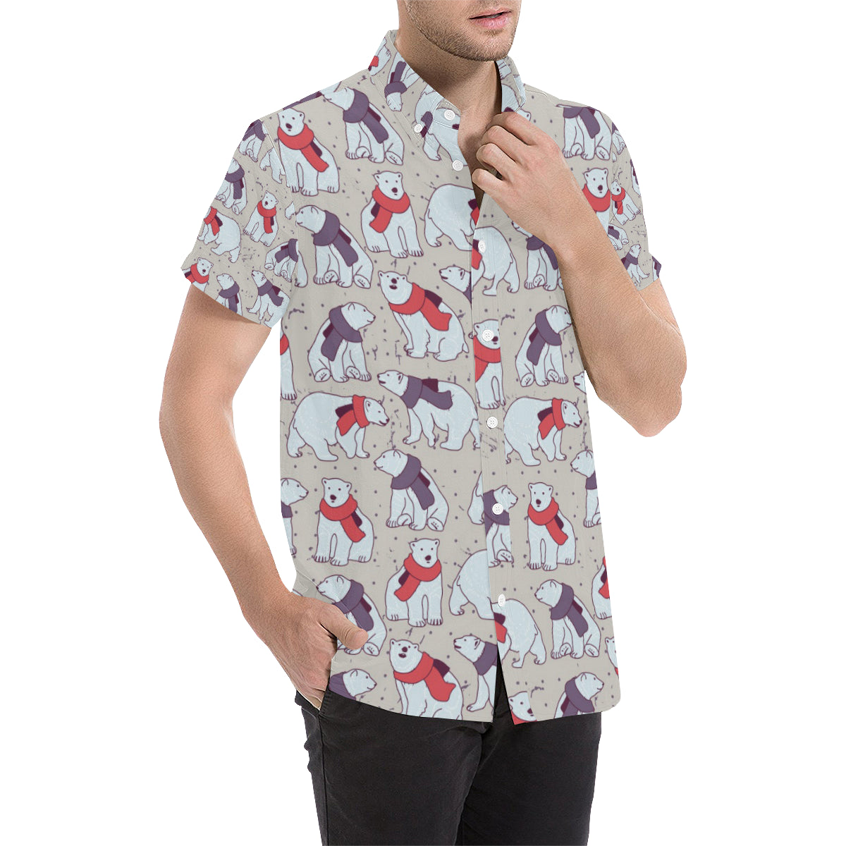 Polar Bear Pattern Print Design PB04 Men's Short Sleeve Button Up Shirt
